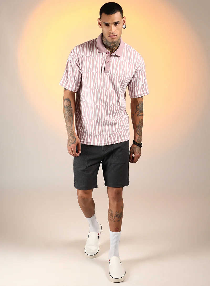Campus Sutra Men's Rouge Pink Veined Polo T-Shirt