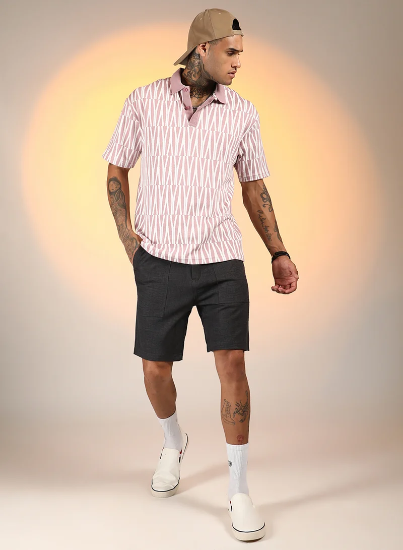 Campus Sutra Men's Rouge Pink Veined Polo T-Shirt