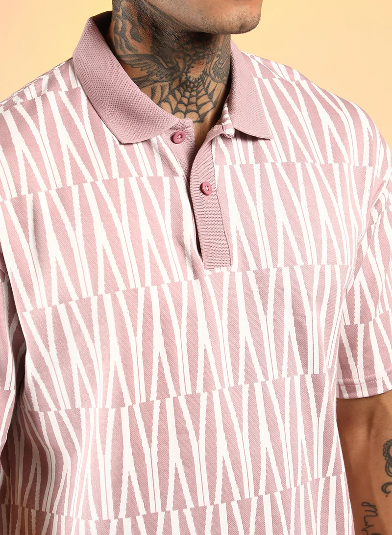 Campus Sutra Men's Rouge Pink Veined Polo T-Shirt