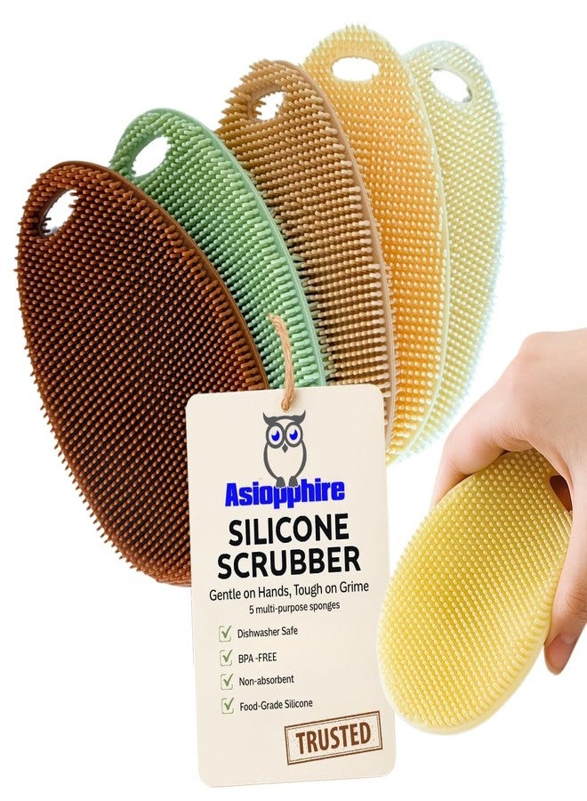 Asiopphire Silicone Sponge Dish Scrubber - Food Grade and Housecleaning - BPA Free Silicone Kitchen Scrubber [5 Pack Ovals Fall] - Image 1