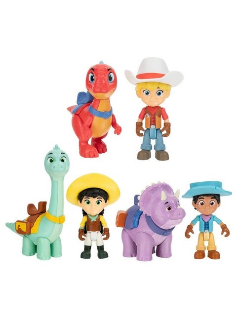 Dino Ranch 6Figure Pack Jon And Blitz, Min And Clover, Miguel And Tango Three 3” Dino Ranchers And Three 4” Dinos, Plus Fence Pieces Toys For Kids Featuring Your Favorite Prewestoric Ranchers