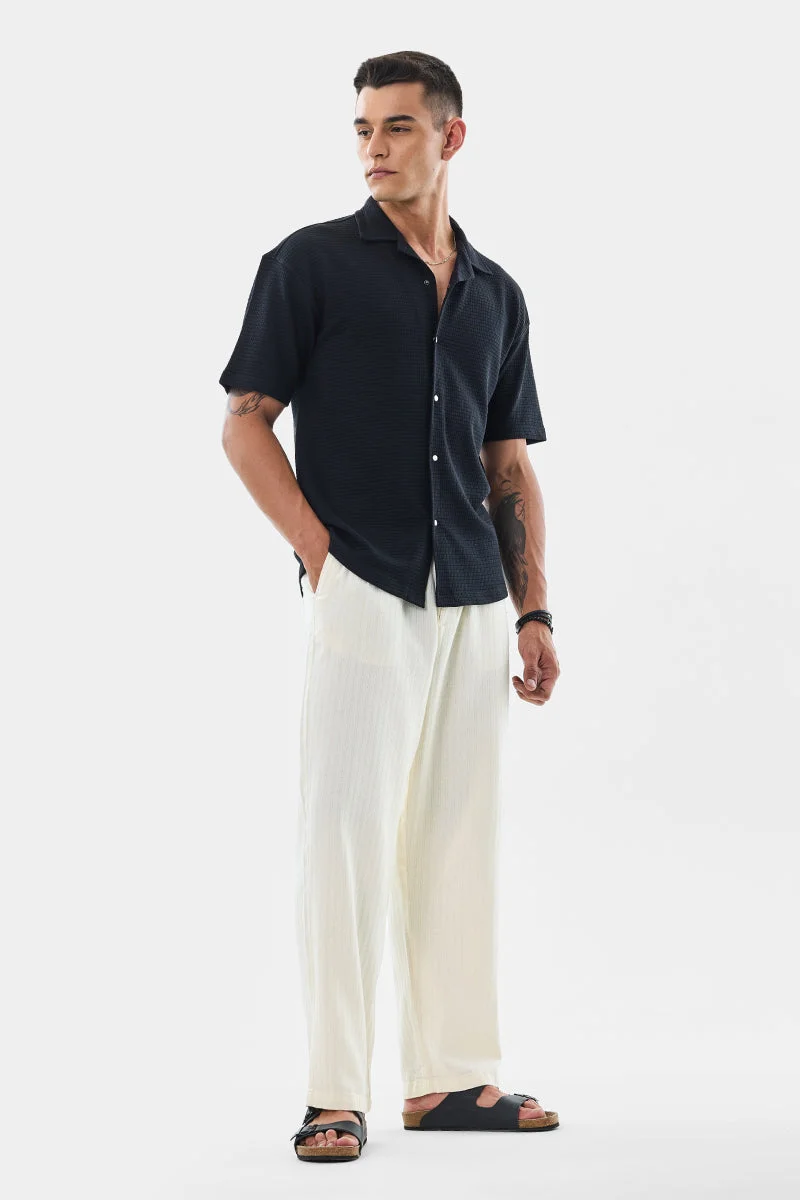 SNITCH Off White Textured Straight Fit Casual Trousers