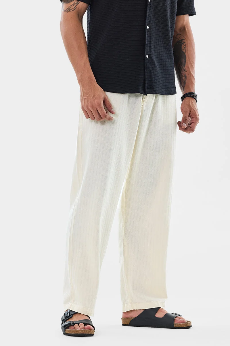 SNITCH Off White Textured Straight Fit Casual Trousers