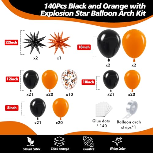 ADOINBY Black and Orange Balloon Arch Kit 140Pcs Black Orange Latex Balloon Garland kit 18 12 10 5 Inch Different Size Balloons for Halloween Birthday Baby Shower Thanksgiving Day Party Decorations - Image 5