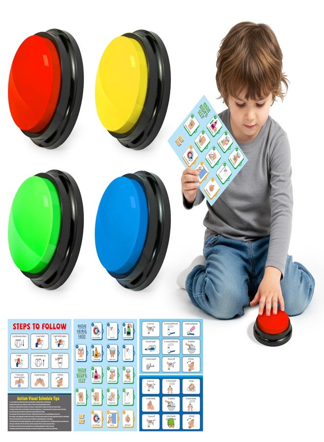 OSNIE Autism Life Routine Chart with Speech Buttons - 4Pcs Voice Recordable Speech Button in 4 Colors with Life Indicator Chart for Kids, Speaking Buzzer and Autism Learning Materials for Home School - Image 1
