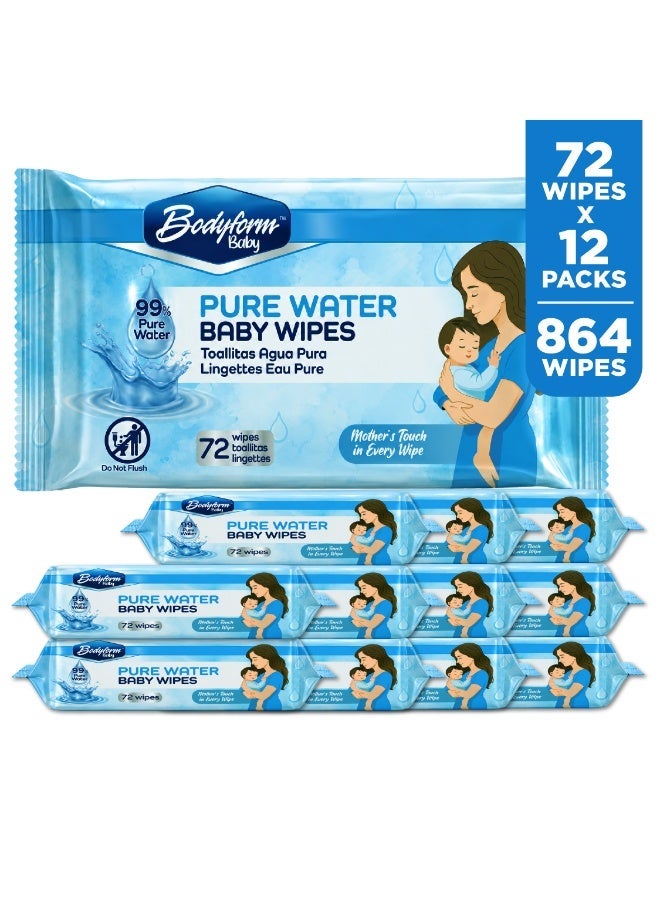 Bodyform Baby Pure Water Baby Wipes, 12 Pack of 72 Count (864 Wipes Total) — 99% Pure Water Formula, Alcohol-Free & Paraben-Free, Soft & Thick, Gentle for Hands, Face & Bottom - Image 1
