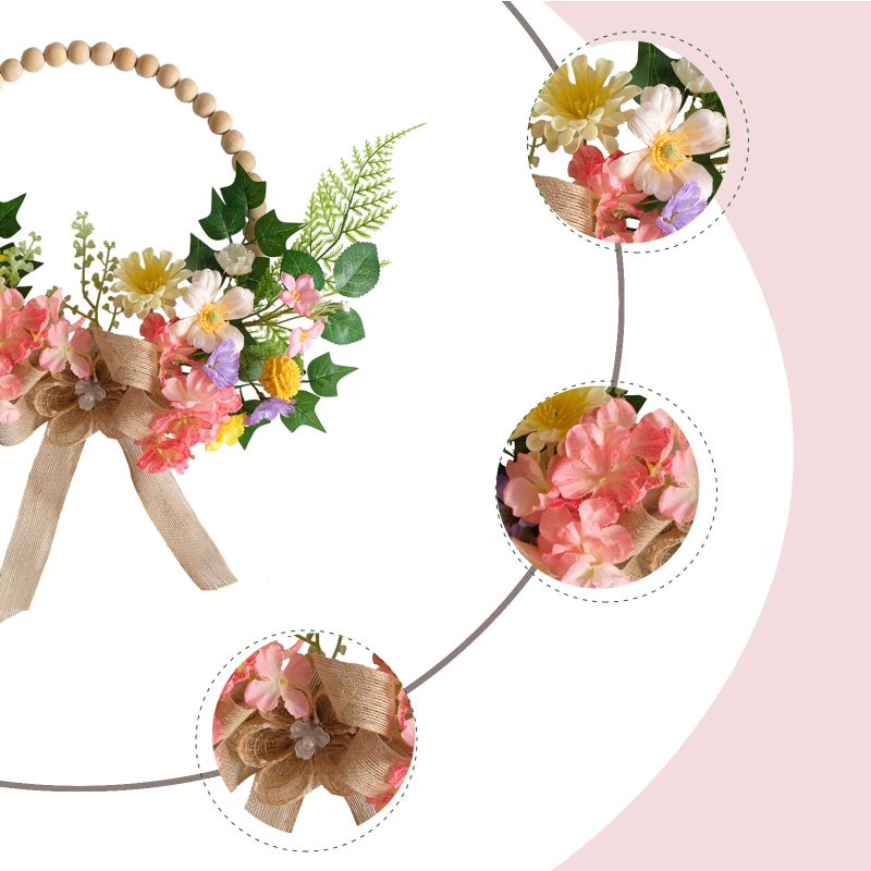 TEMPUS 16 Inch Artificial Spring Wooden Bead Wreath with Flower Bow Summer Hydrangea Wreath Spring Summer Indoor Outdoor Home Decorations - Image 2