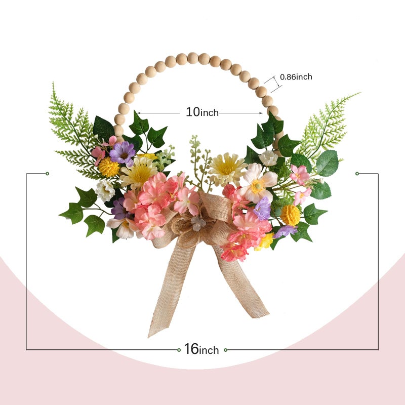 TEMPUS 16 Inch Artificial Spring Wooden Bead Wreath with Flower Bow Summer Hydrangea Wreath Spring Summer Indoor Outdoor Home Decorations - Image 3