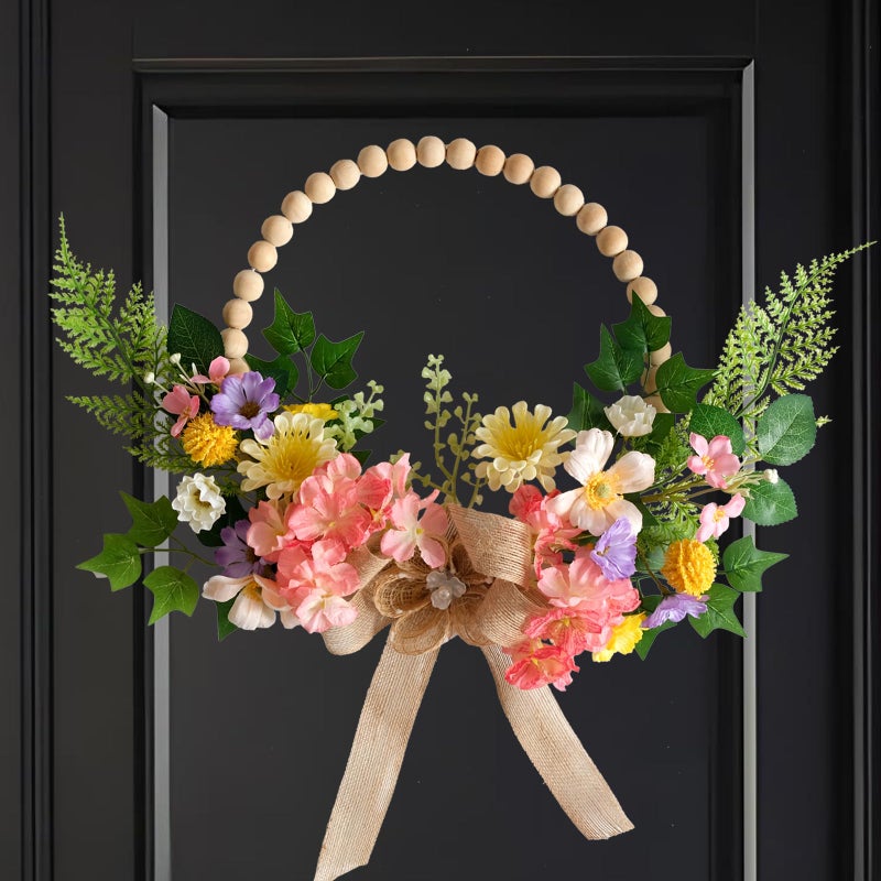 TEMPUS 16 Inch Artificial Spring Wooden Bead Wreath with Flower Bow Summer Hydrangea Wreath Spring Summer Indoor Outdoor Home Decorations - Image 1