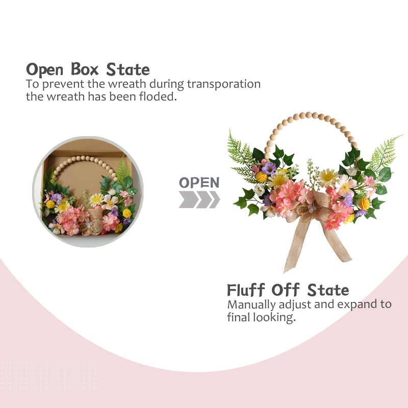 TEMPUS 16 Inch Artificial Spring Wooden Bead Wreath with Flower Bow Summer Hydrangea Wreath Spring Summer Indoor Outdoor Home Decorations - Image 4