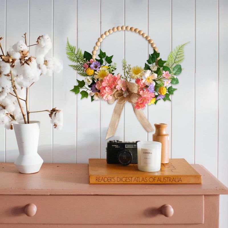 TEMPUS 16 Inch Artificial Spring Wooden Bead Wreath with Flower Bow Summer Hydrangea Wreath Spring Summer Indoor Outdoor Home Decorations - Image 5