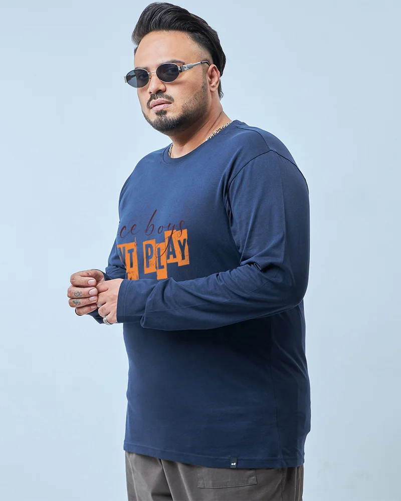 bewakoof Men's Navy Blue Rock N Roll Typography Plus Size T-shirt