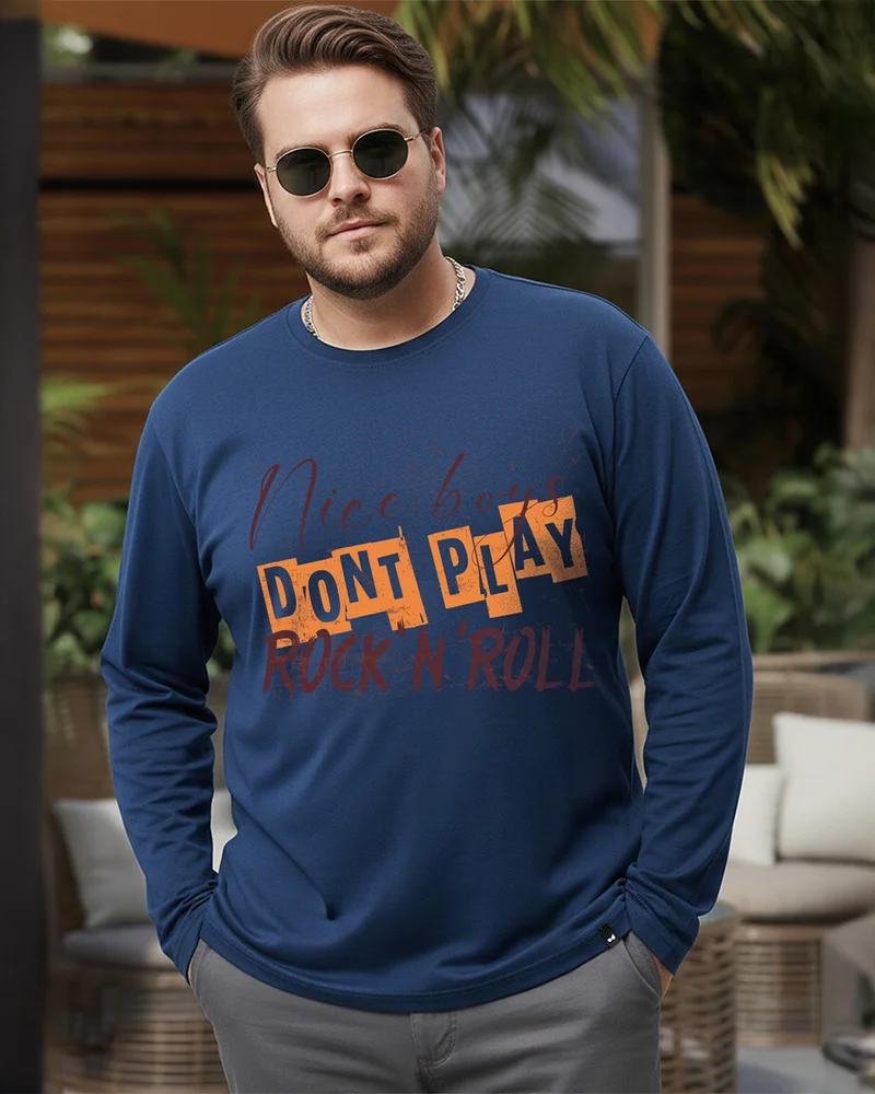 bewakoof Men's Navy Blue Rock N Roll Typography Plus Size T-shirt