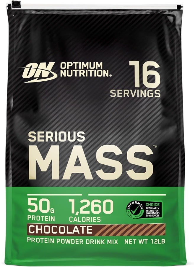 Optimum Nutrition Serious Mass: High Protein Muscle Building & Weight Gainer Powder, 50 Grams of Protein, Immune Support - Chocolate, 12 Lbs (5.44 KG) pack may vary - Image 1