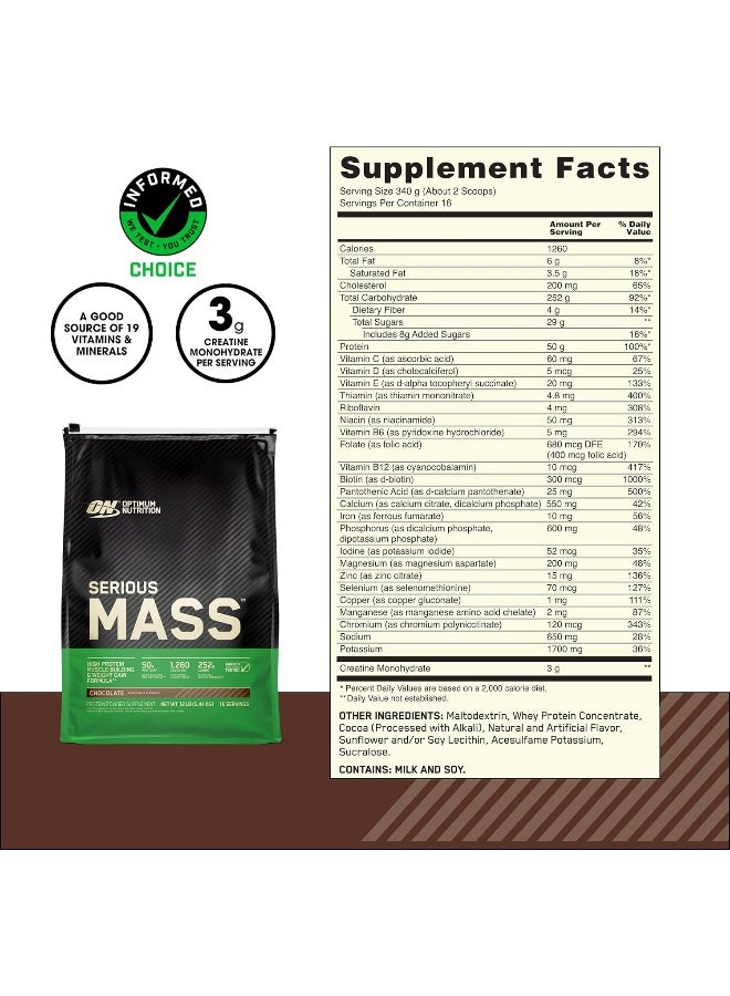 Optimum Nutrition Serious Mass: High Protein Muscle Building & Weight Gainer Powder, 50 Grams of Protein, Immune Support - Chocolate, 12 Lbs (5.44 KG) pack may vary - Image 3