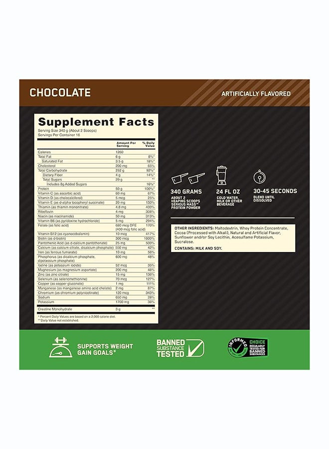 Optimum Nutrition Serious Mass: High Protein Muscle Building & Weight Gainer Powder, 50 Grams of Protein, Immune Support - Chocolate, 12 Lbs (5.44 KG) pack may vary - Image 3