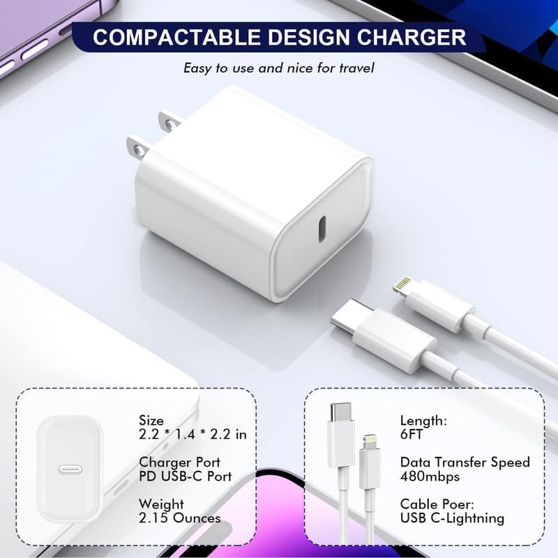 DreemTeam iPhone Fast Charger,[Apple MFi Certified] iPhone Charger Fast Charging Apple Wall Charger Block 6FT USB C Lightning Cable Cord Type C Adapter for iPhone 14 Pro Max/13/12 Mini/11/10/XS Max/XR/X/8/7/SE - Image 4
