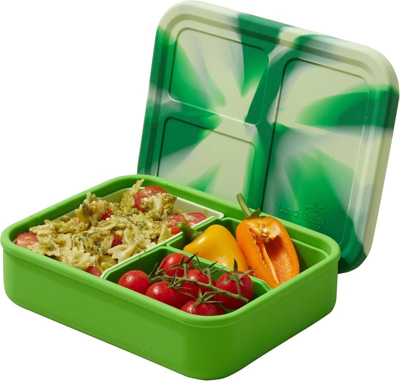 LunchBots Build -a- Bento, Platinum Food Grade Silicone Bento Box, Leak Proof, BPA Free, Oven & Dishwasher safe 32 oz Capacity - Tie Dye Green