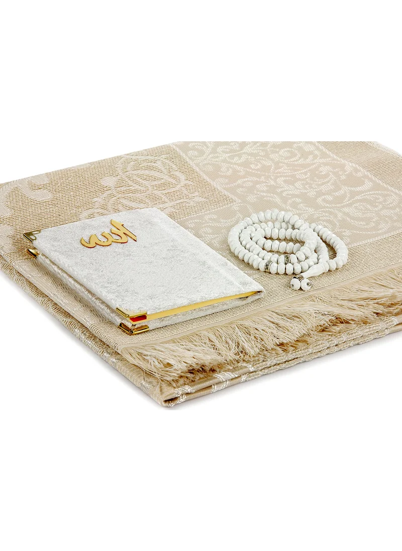 İhvan PVC Boxed Prayer Rug Set - Velvet Covered Yasin - Prayer Rug - Prayer Beads - White Color