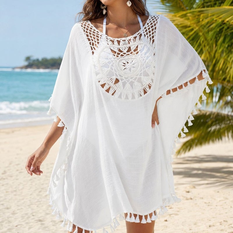 Women's Hand Crochet Short Beach Cover Up with Tassels and Sun Protection - Image 5