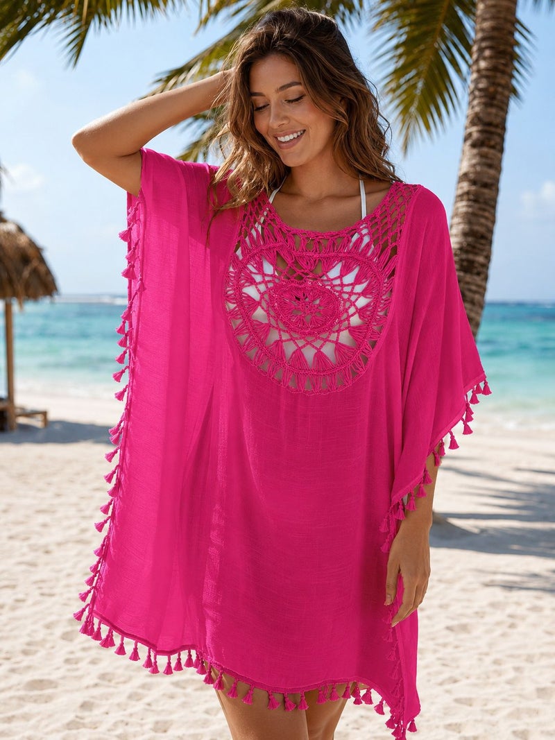 Women's Hand Crochet Short Beach Cover Up with Tassels and Sun Protection - Image 1