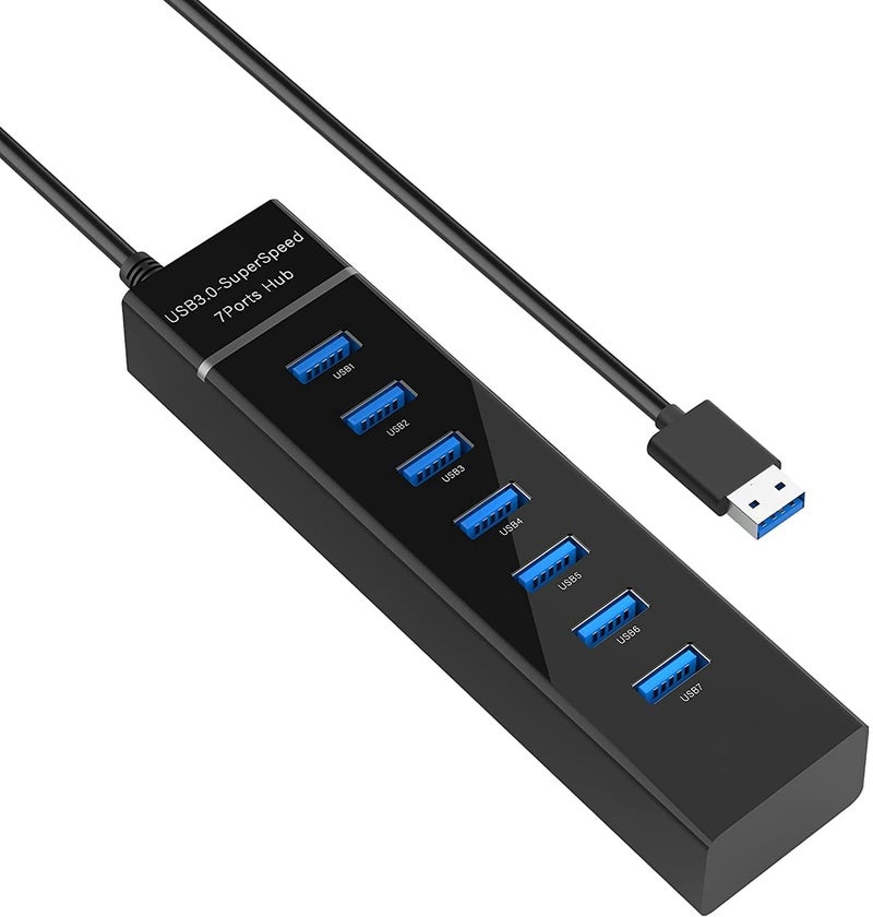 Viboton محور USB 3.0 بسبعة منافذ للكمبيوتر المحمول والكمبيوتر الشخصي - موزع USB متعدد عالي السرعة مع كابل بطول 30 سم، محطة توسيع قابلة للتوصيل والتشغيل لجهاز MacBook وMac Pro وMac mini وSurface Pro والمزيد (أسود) - Image 1