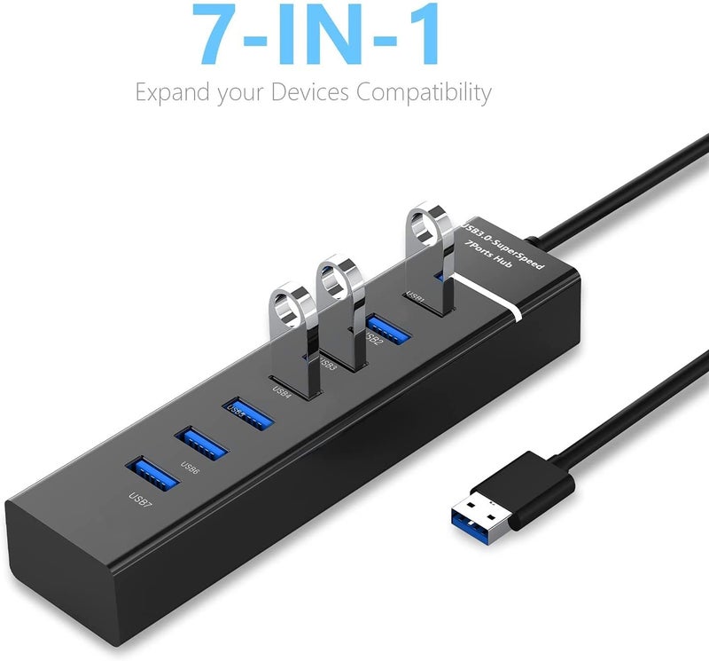 Viboton محور USB 3.0 بسبعة منافذ للكمبيوتر المحمول والكمبيوتر الشخصي - موزع USB متعدد عالي السرعة مع كابل بطول 30 سم، محطة توسيع قابلة للتوصيل والتشغيل لجهاز MacBook وMac Pro وMac mini وSurface Pro والمزيد (أسود) - Image 5