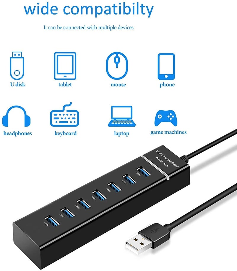 Viboton محور USB 3.0 بسبعة منافذ للكمبيوتر المحمول والكمبيوتر الشخصي - موزع USB متعدد عالي السرعة مع كابل بطول 30 سم، محطة توسيع قابلة للتوصيل والتشغيل لجهاز MacBook وMac Pro وMac mini وSurface Pro والمزيد (أسود) - Image 4