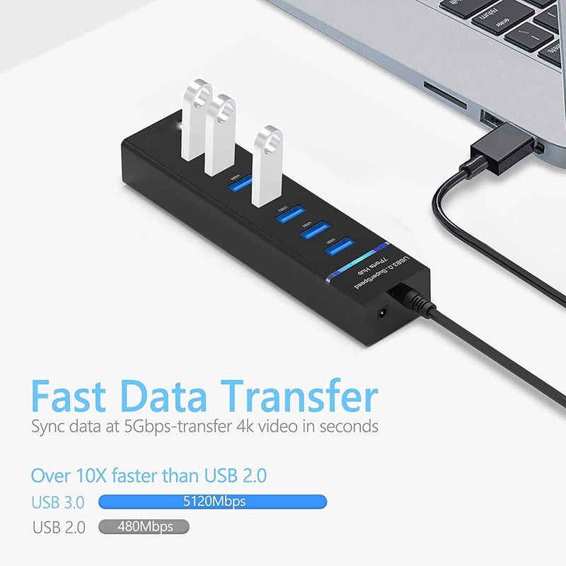 Viboton محور USB 3.0 بسبعة منافذ للكمبيوتر المحمول والكمبيوتر الشخصي - موزع USB متعدد عالي السرعة مع كابل بطول 30 سم، محطة توسيع قابلة للتوصيل والتشغيل لجهاز MacBook وMac Pro وMac mini وSurface Pro والمزيد (أسود) - Image 3