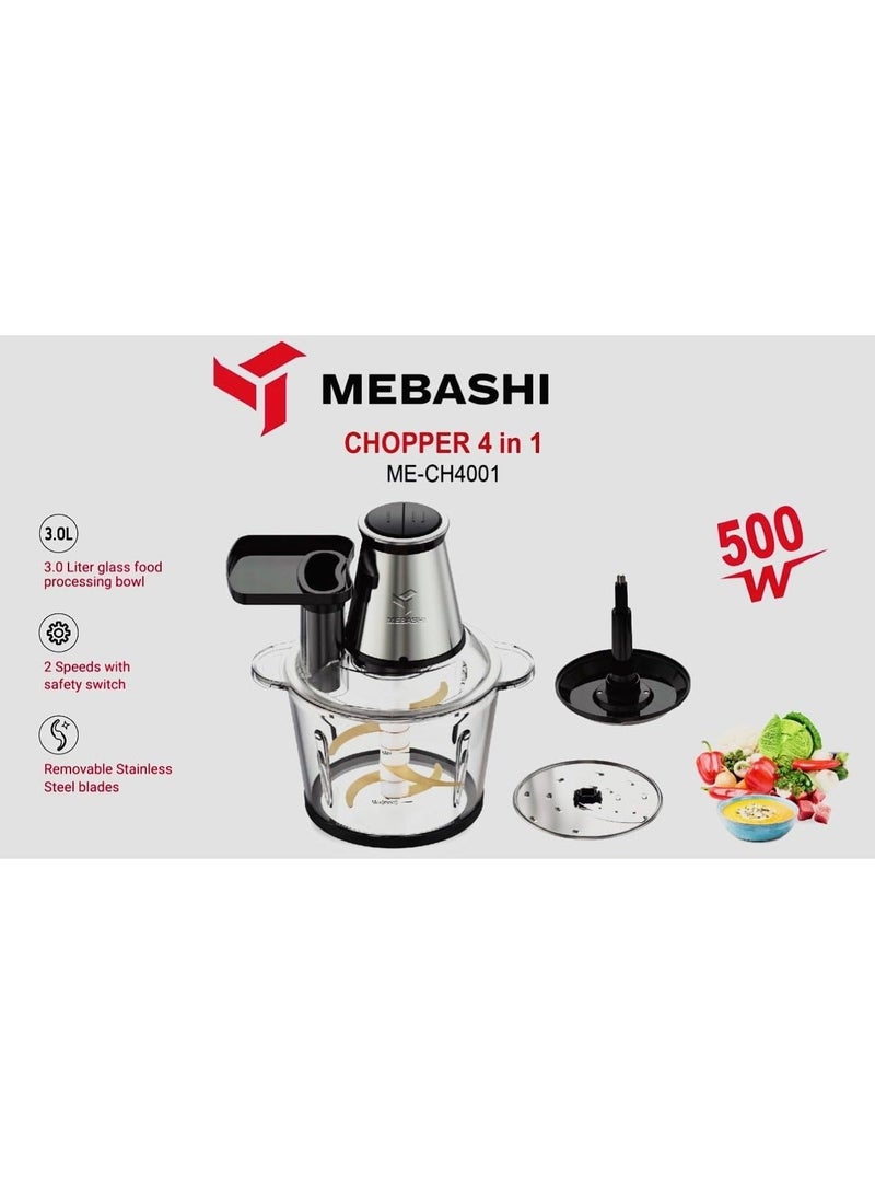 Mebashi 4-In-1 Electric Food Chopper 500W With 3.0L Glass Processing Bowl 2 Speeds Control And Removable Stainless Steel Blades Silver Black ME-CH4001 - Image 2