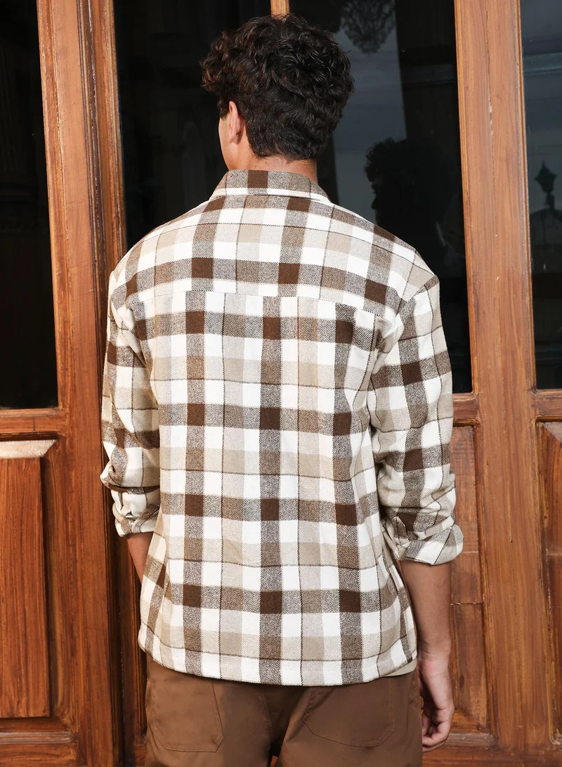 كامبوس سوترا Campus Sutra Men's Coffee Brown Buffalo-Check Utility Shacket | Spread Collar , Long Cuffed Sleeves , Button Closure , Straight Hem | Checks Checks | Cotton-Blend Shirt For Casual Wear
