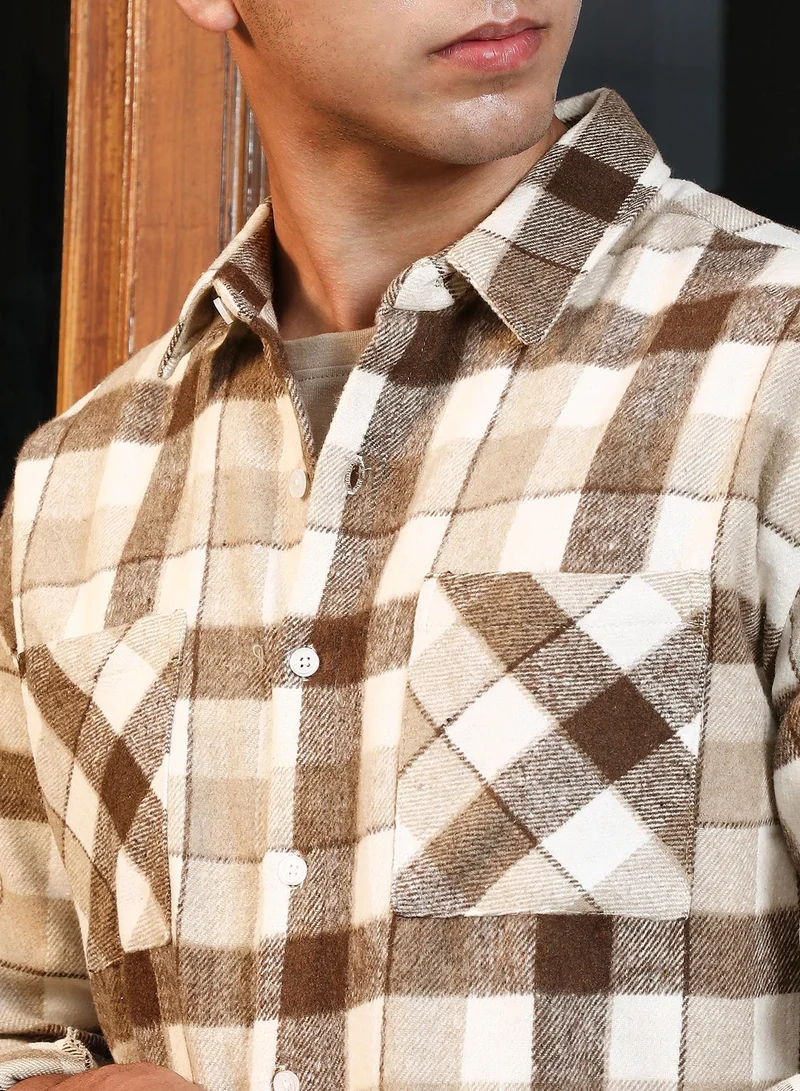 كامبوس سوترا Campus Sutra Men's Coffee Brown Buffalo-Check Utility Shacket | Spread Collar , Long Cuffed Sleeves , Button Closure , Straight Hem | Checks Checks | Cotton-Blend Shirt For Casual Wear