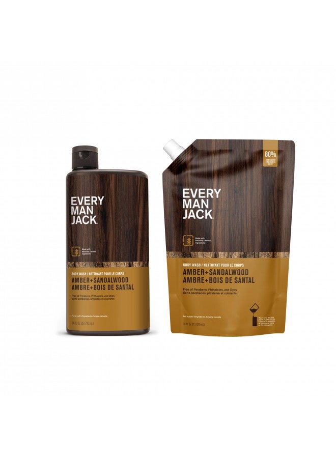 Every Man Jack Every Man Jack Amber + Sandalwood Mens Body Wash Refill Starter Pouch - Cleanse and Hydrate Skin with Naturally Derived Ingredients - Paraben Free and Dye Free - (1-36oz pouch, 1-24oz bottle)  - Image 1