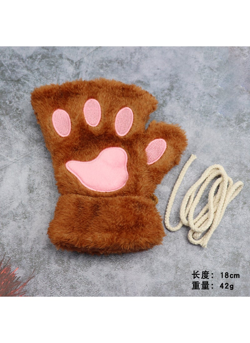Generic - New Cat claw gloves winter cute cartoon cat girl open finger gloves fleece-lined thick bear paw gloves Deep Card - Image 1