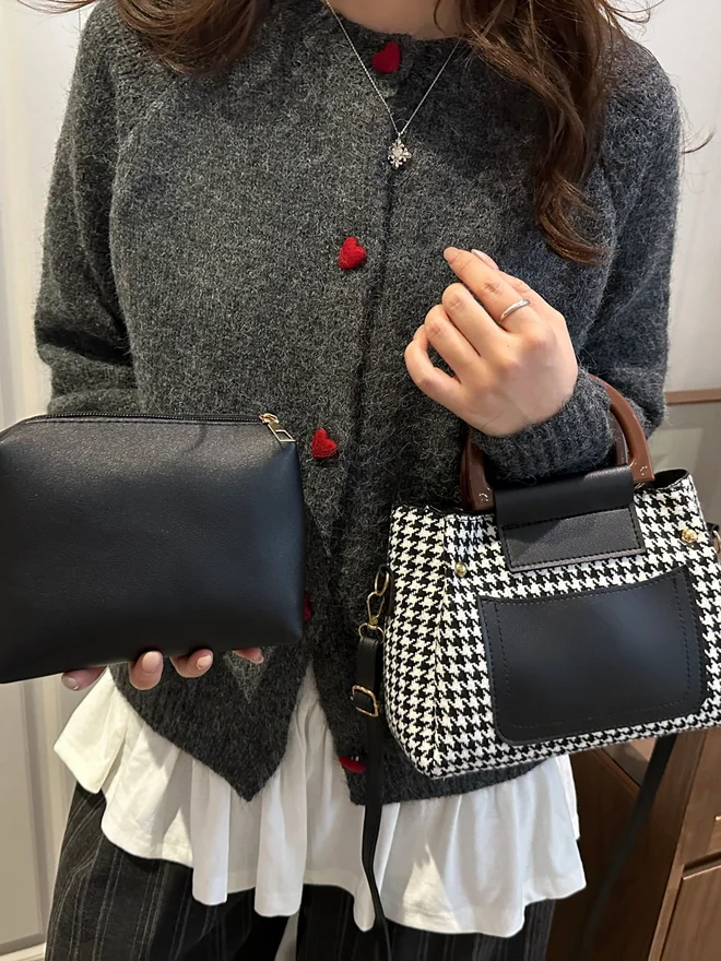 Take Two Houndstooth Handbag with Black Accents and Adjustable Strap