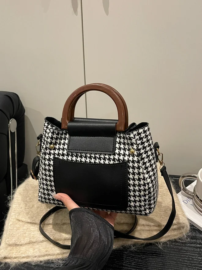 Take Two Houndstooth Handbag with Black Accents and Adjustable Strap
