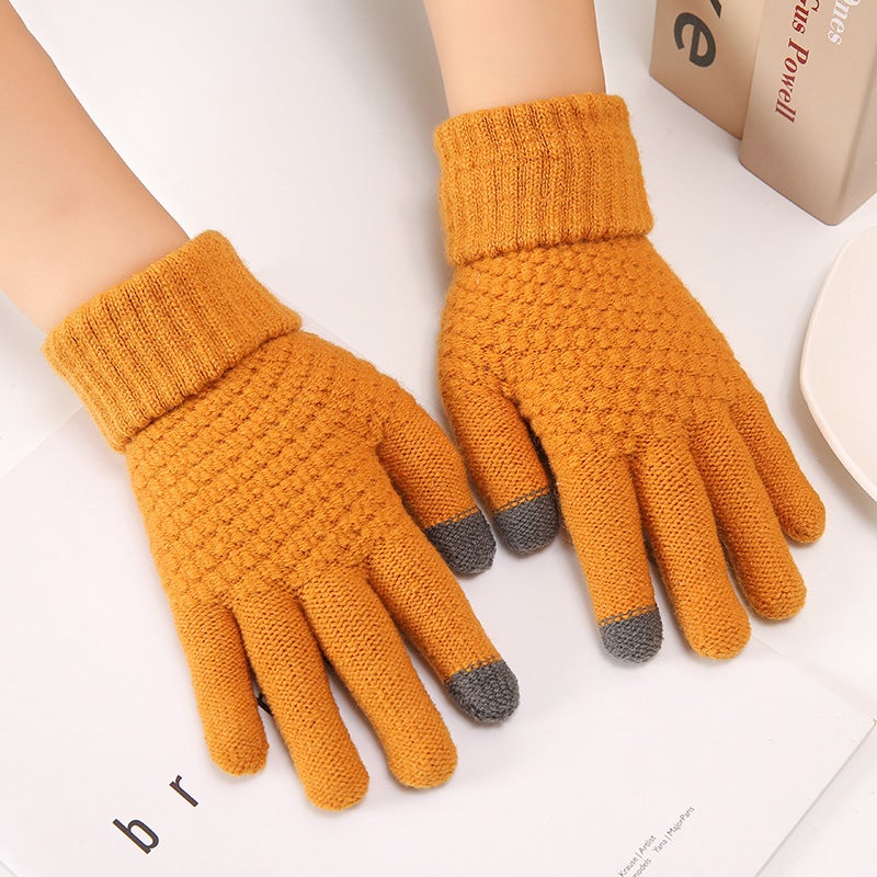 Touch Screen Gloves Winter Womens fleece-lined Thick Cotton Warm Cold-proof Riding Wool Pineapple Gloves Autumn and Winter Mens Yellow-reverse touch screen gloves