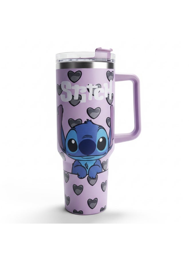 كوب حراري سعة 1200 مل بمقبض - كوب من الفولاذ المقاوم للصدأ معزول بجدار مزدوج بتقنية التفريغ الهوائي وغطاء، بتصميم مطبوع عليه شخصية ستيتش الكرتونية، كوب هدية لطيف وعملي للأطفال والفتيات والمراهقين والاستخدام اليومي - Image 1