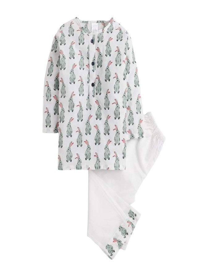 POLKA TOTS Boy’s Super Soft Cotton Kurta Pyjama Set |Night Suit for Kids Boys & Girls (6-9 M - Green Rabbit) - Image 1