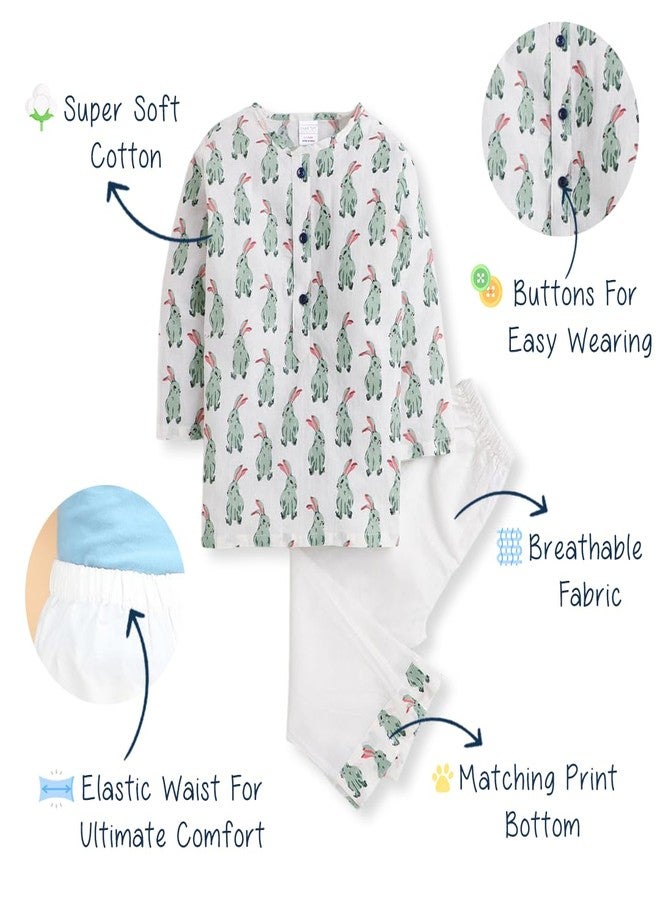 POLKA TOTS Boy’s Super Soft Cotton Kurta Pyjama Set |Night Suit for Kids Boys & Girls (6-9 M - Green Rabbit) - Image 5