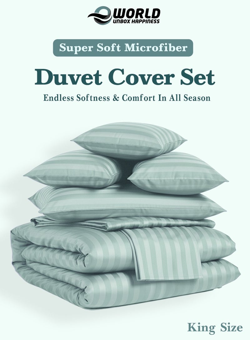 إي وورلد طقم لحاف مخطط فاخر لجميع المواسم – طقم مكون من 6 قطع باللون الأخضر الباستيل | مقاس كينغ 220×240 سم | فائق النعومة، مقاوم للتجاعيد وصُنع في دبي | يشمل غطاء لحاف، ملاءة مطاطية (200×200 سم) و4 أغطية وسائد (50×70 سم) - Image 3