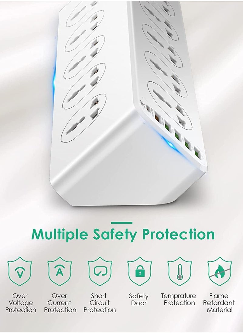 JBQ - 10 Way Power Extension Cord Surge Protector Strip Heavy Duty Universal Electrical Socket 5x USB-A 1x USB-C PD 30W Total 2M Cable - Image 1