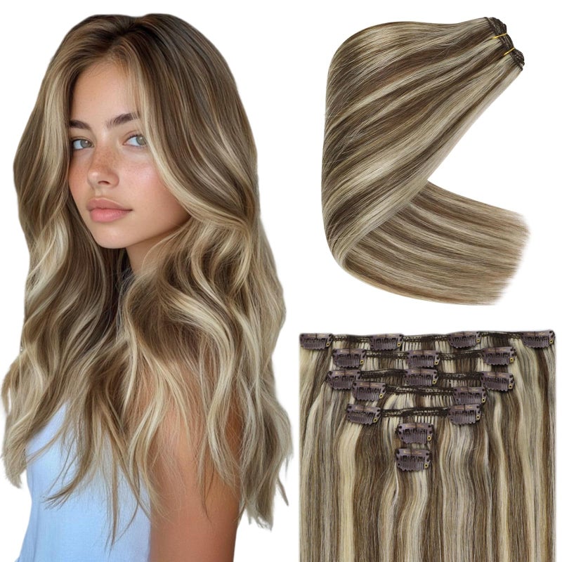 Ve Sunny Clip in Human Hair Extensions 24inch Remy Hair Clip in Extensions Real Human Hair Clip Extensions Light Brown Highlights Platinum Blonde 7pcs 120g