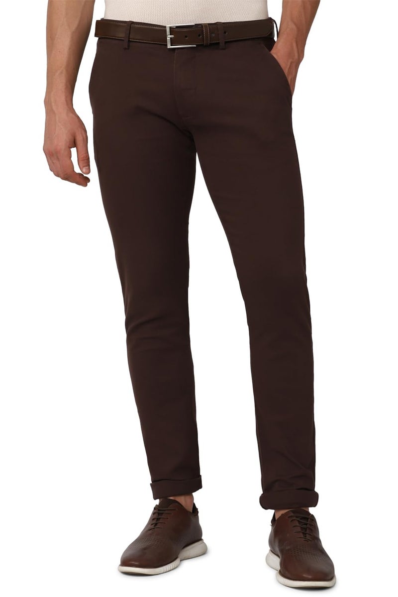 Peter England Men's Skinny Fit Mid Rise Stretchable Everyday Casual Trouser | Scoop Pocket Premium Twill Chinos | Flat Front Chocolate, 30 - Image 1