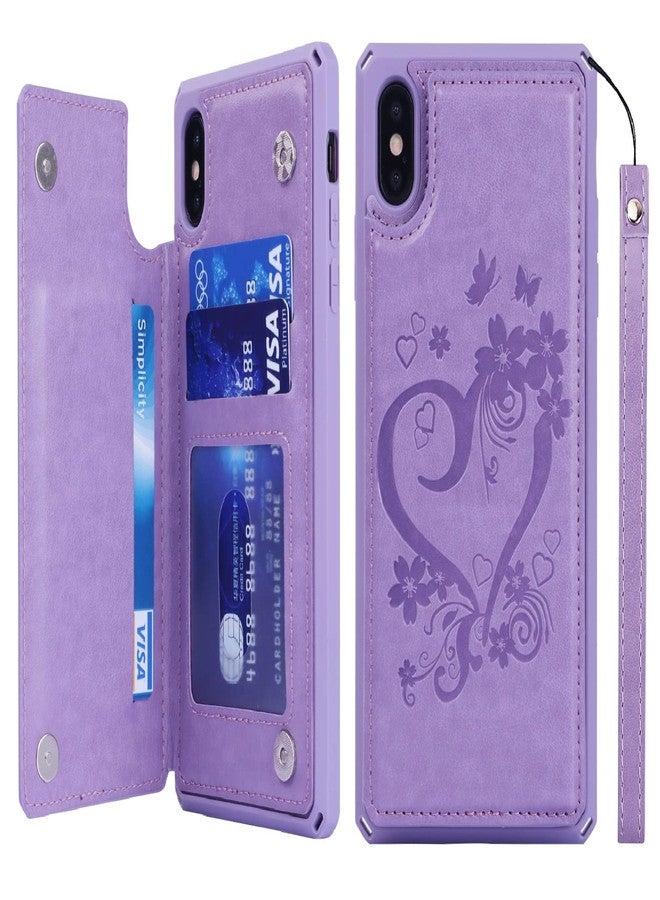 iCoverCase Compatible with iPhone X/XS Wallet Phone Case with Card Holder for Women, RFID Blocking Embossed PU Leather Wrist Strap Case 10/10S 5.8" (Heart Purple) - Image 1