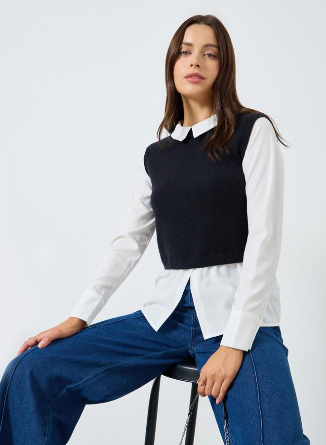 Styli Sleeveless Black Knit Vest with Shirt - Image 3