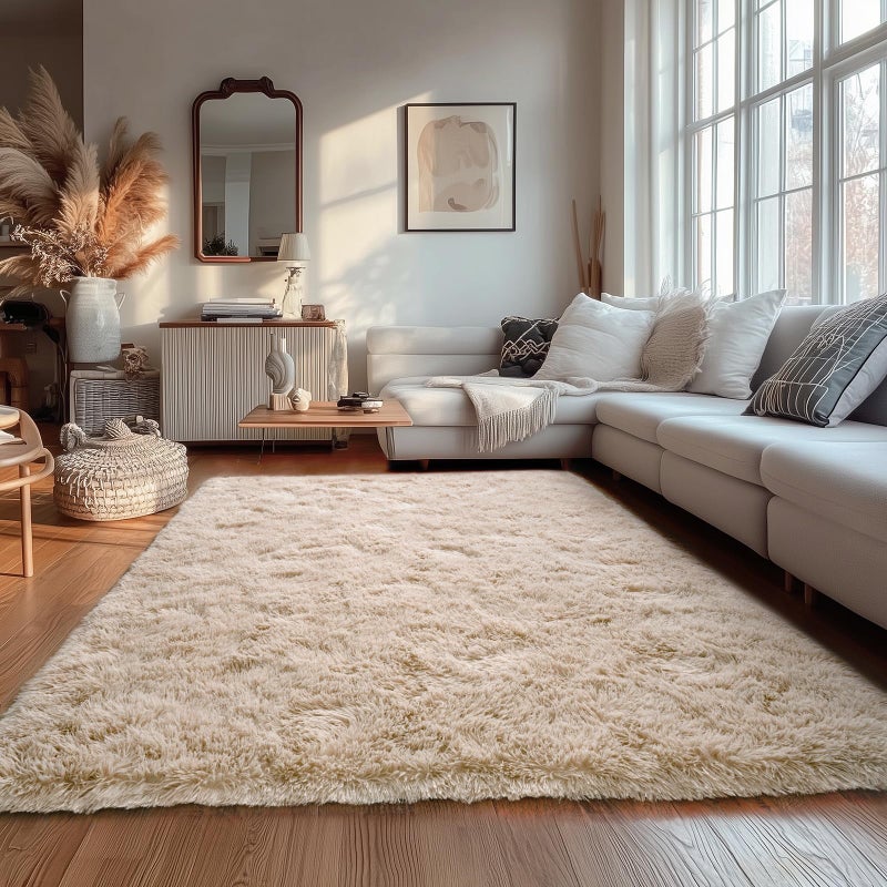OHDS Beige Fluffy Rug for Bedroom 4x5.9 ft - Ultra Soft & Non Slip Shaggy Area Rug, Comfy Durable Carpet for Living Room Kids Room Teens Dorm Home Decor, 1.7'' Thick Indoor Plush Carpets - Image 1