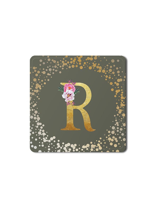 Stylizedd 2 Pack Designer Leather Coasters Mat for Beverage Drinks- Custom Monogram Initial Letter Floral Pattern Alphabet - R (Olive Green) - Image 1