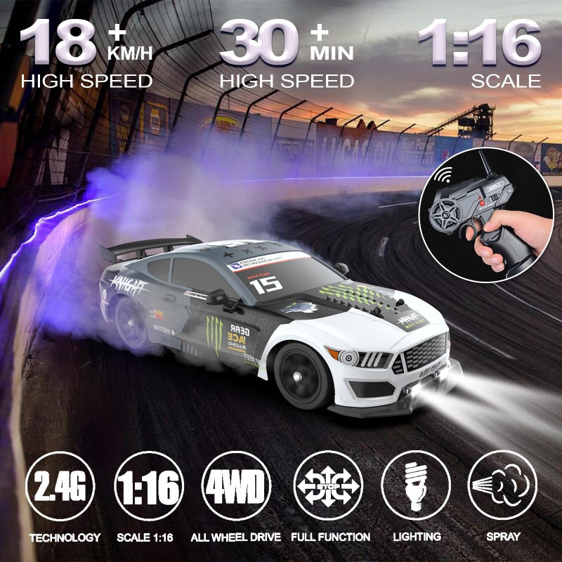 Desdoni Remote Control Car RC Drift Car 116 Scale 4WD 18KMH High Speed Model Vehicle 24GHz with LED Lights Spray Rubber Tire Racing Sport Toy for Adults Boys Girls Kids Gift 2Pcs Rechargeable Batteries - Image 3