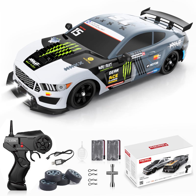 Desdoni Remote Control Car RC Drift Car 116 Scale 4WD 18KMH High Speed Model Vehicle 24GHz with LED Lights Spray Rubber Tire Racing Sport Toy for Adults Boys Girls Kids Gift 2Pcs Rechargeable Batteries - Image 2